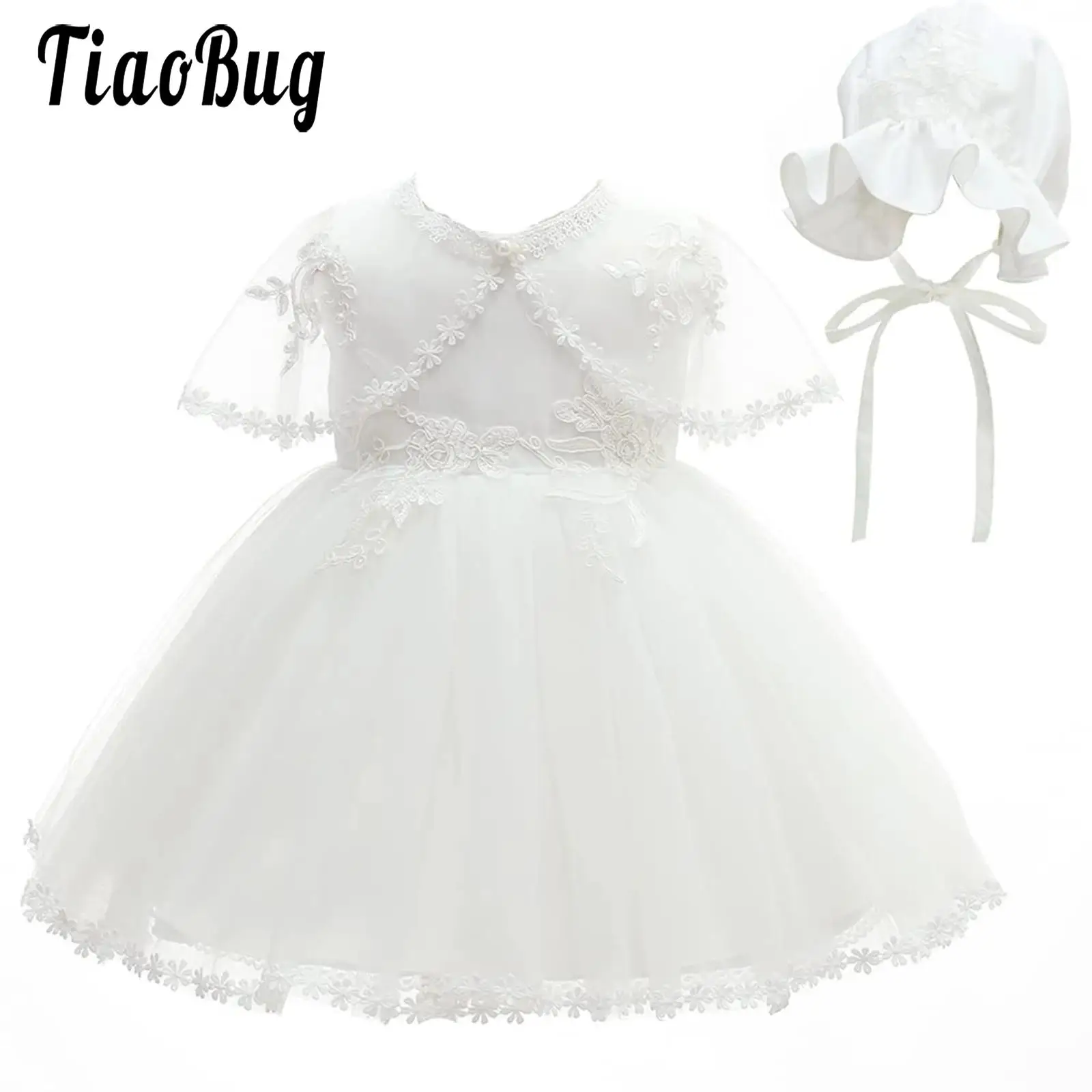 

Infant Baby Girls Birthday Christening Baptism Dress 3 Piece Set Wedding Flower Dress Tulle Cape And Bonnet White Color Dresses