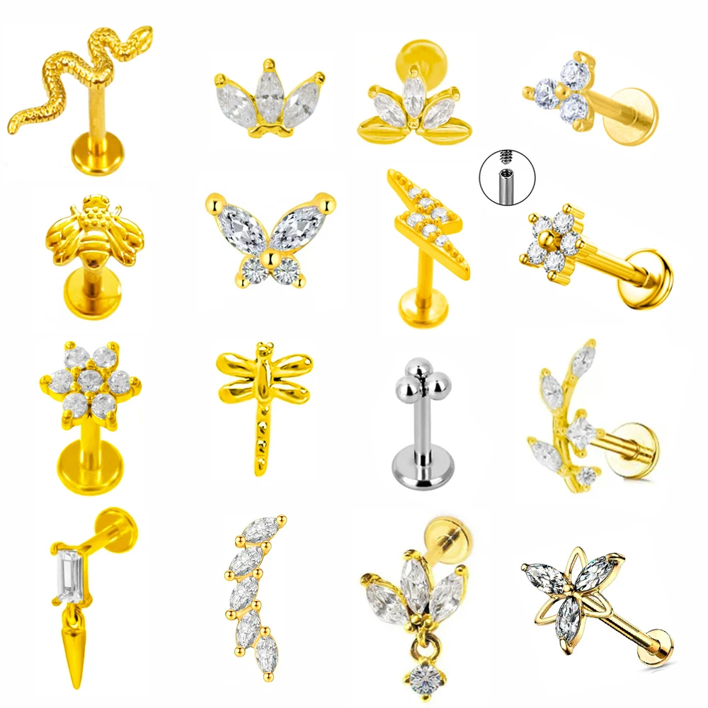 Lightning Internal Thread Labret Piercing Crown Bee Flowers Cartilage Earring Tragus Conch 316L Stainlesss Steel Body Jewelry