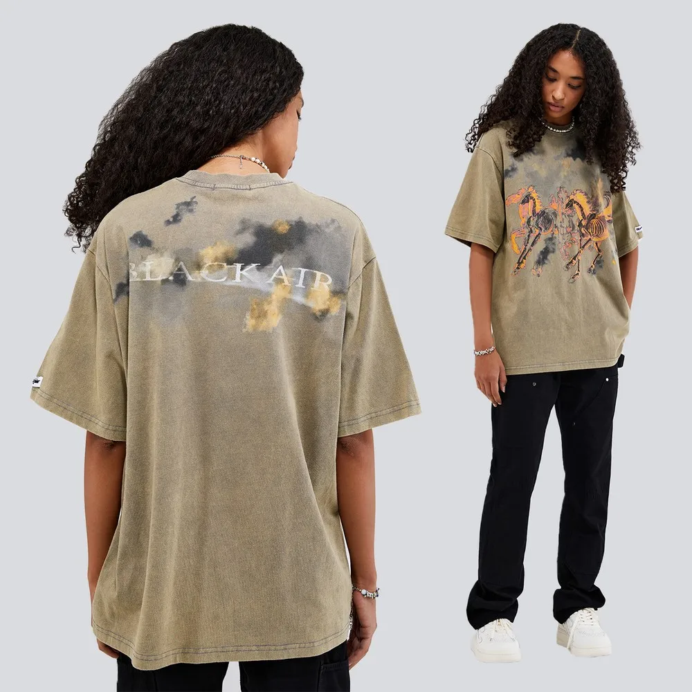 Burning Flame Horses with Fire Graphic Print T-Shirt Women Men Streetwear Washed Distressed Loose Goth Tshirt Cotton Tops Tees