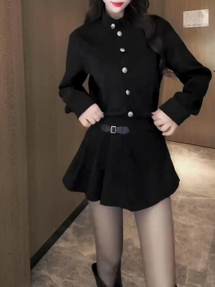 Vintage Style Black Slim Fit Party Dress Women New Autumn Elegant Waist Cinching Short Dress Chic Short Sleeve Belt Outfits Y2k