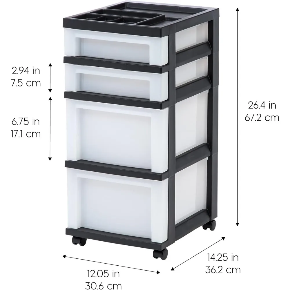 Carro de almacenamiento rodante de 4 cajones con ruedas, organizador de plástico para suministros artesanales, oficina, armario, negro/perla