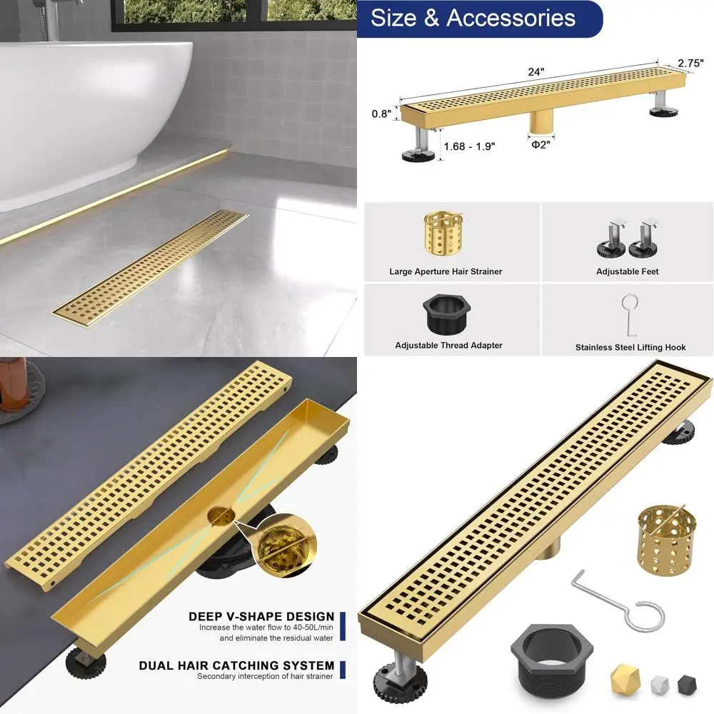 

24 Brushed Gold Linear Drain with Removable Grate & Adjustable Feet, 304 Stainless Steel, for Bathroom & Balcony