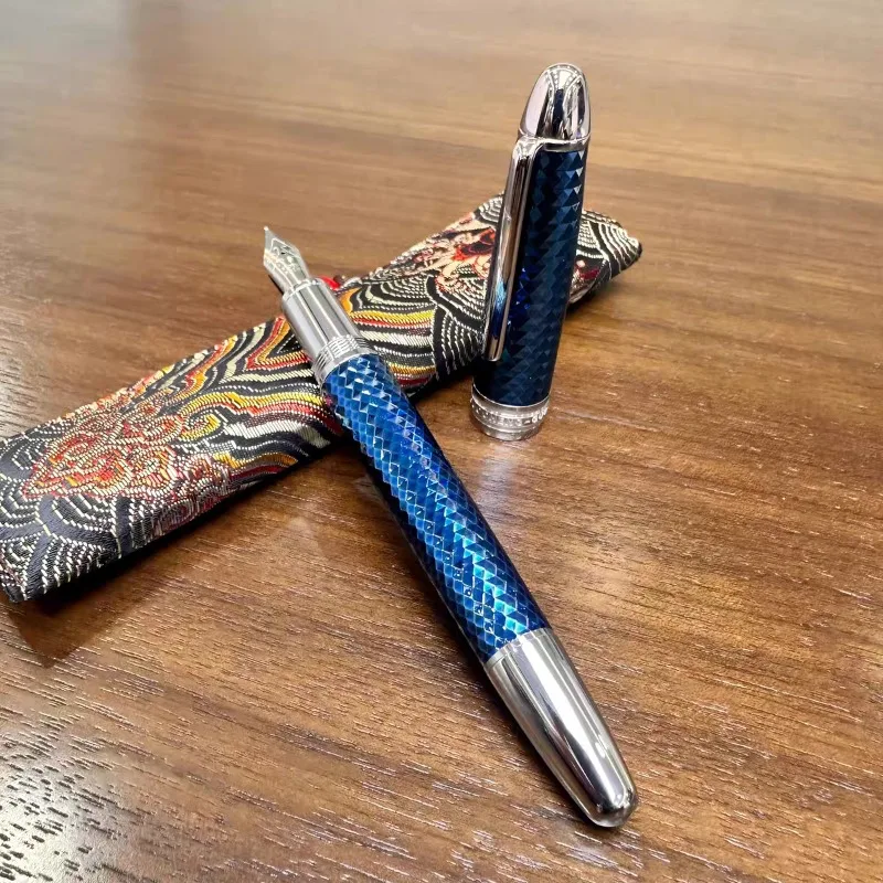 2026 P136  MAJOHN Brilliant Blue Metal-plated Piston Pen, 3D Pattern Anti-slip Stainless Steel Business Gift Ink Pen