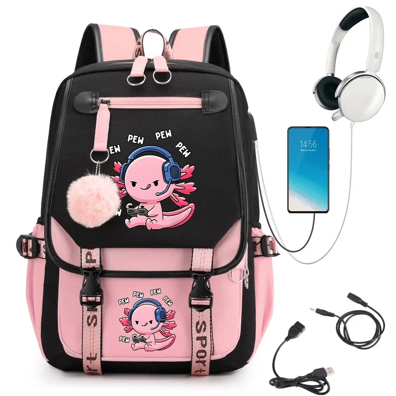 

Kawaii for Teenager Girls Axolotl Play Games Anime Cartoon Back To School Backpack Schoolbag