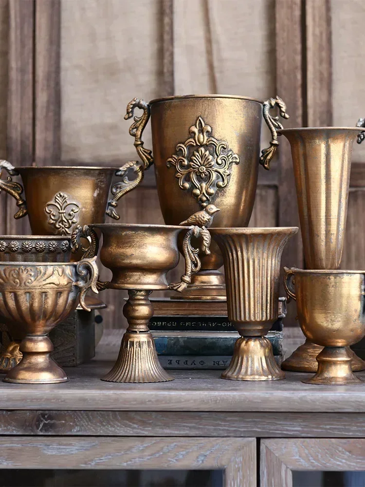 Vintage Old Iron Vases Flower Room Home Nordic Decor Golden Silver Chinese Flowers Pot Goblet Classical Decoration Salon Casedec