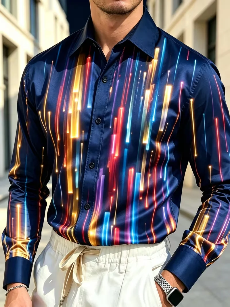 New Tibetan Blue Flowing Neon Beam 3D Printed Shirt, Cyber Urban Trendy Smooth Men's Long Sleeve Shirt Top