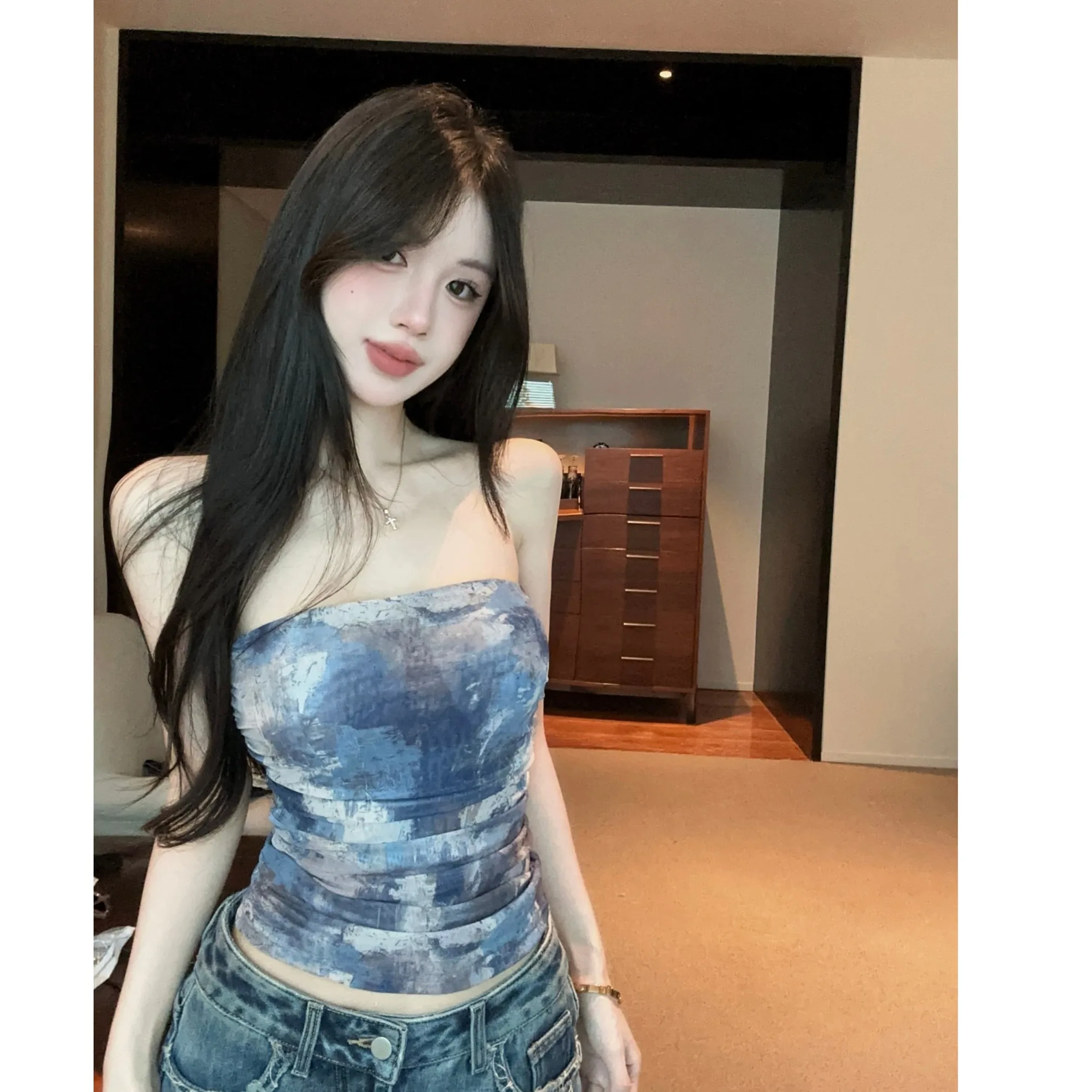 

Street Style Fashion Sexy Girl Mesh Print Crop Top And Skirt Set Women's Summer Outfit Short Sleeveless Polyester Blend