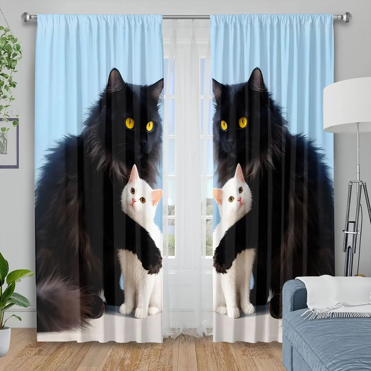 Cute Black Cat Hugging White Kitten Curtains, Funny Pet Print Blackout Drapes for Bedroom, Cool Animal Home Decor