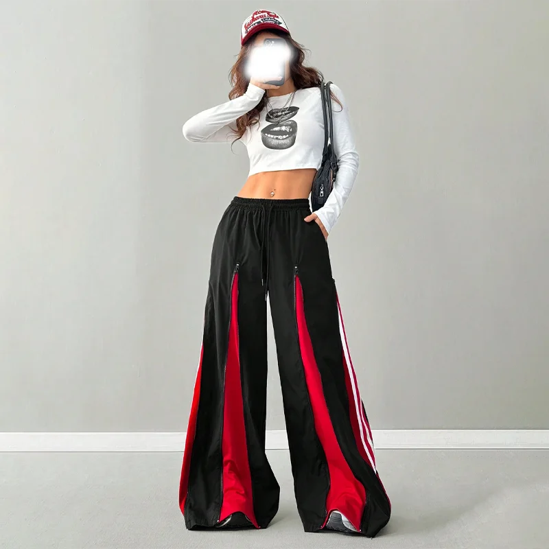 Women's Pants and Trousers Black Wide Leg Pants Red Contrast Stripe Zipper Slit Panel Loose Fit Y2K Streetwear