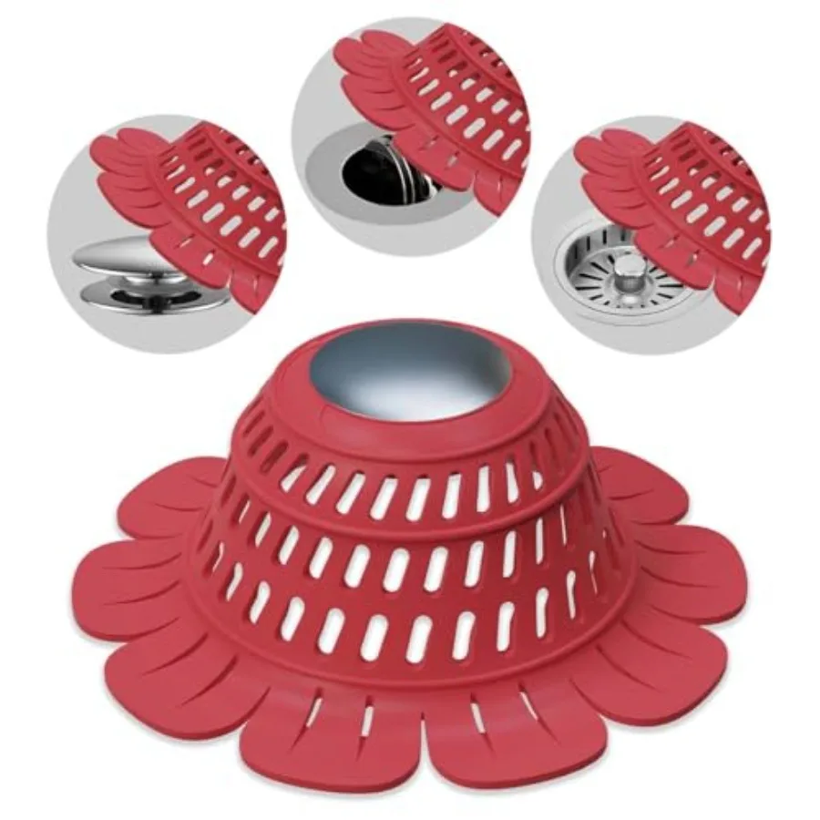 

Silicone Drain Cover for Shower, Bathtub, Sink - Decorative Flower Strainer with Metal Weight and Large Holes - Stays Put, Prev
