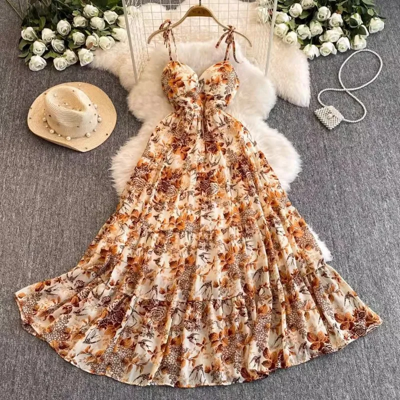 Women Floral Spaghetti Strap long Dress Elastic Ruched Sexy Hollow Backless Party Dress Summer Boho Vacation Beach Sundress 원피스