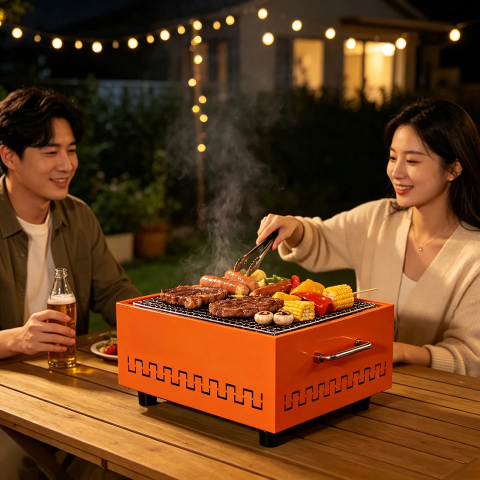 Multifunctional BBQ Grill & Fire Stove, Stylish Warm Color,Anti-Scald Design for BBQ, Heating, Drying Clothes & Coffee Brewing ﻿