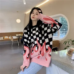 New Style Plaid Flame Sweaters Women Korean Loose Knitted Pullovers Autumn Winter Fashion Vintage Outwear Warm Sweater Female