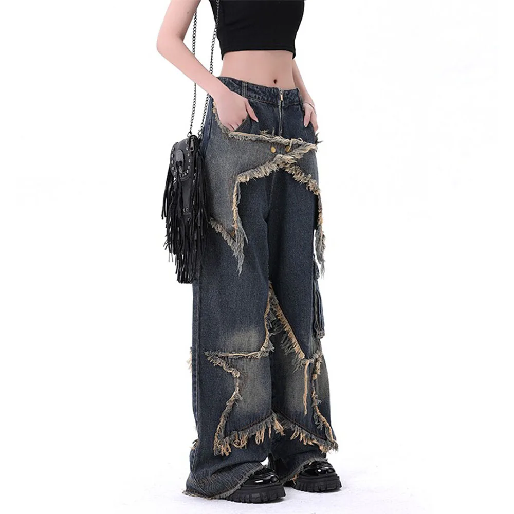 Star Patterned Fringed Women's Denim Pants Black Grey Denim Pants Retro High Elastic Spice Girls Trousers Casual Style Pants