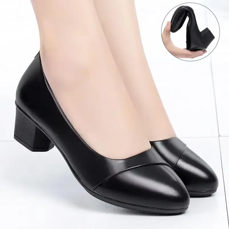 Spring Black Basic Square Heeled Loafers Female Zapatos Women Mid Heel Single Shoes Office Lady Pumps PU Leathern Work Shoes