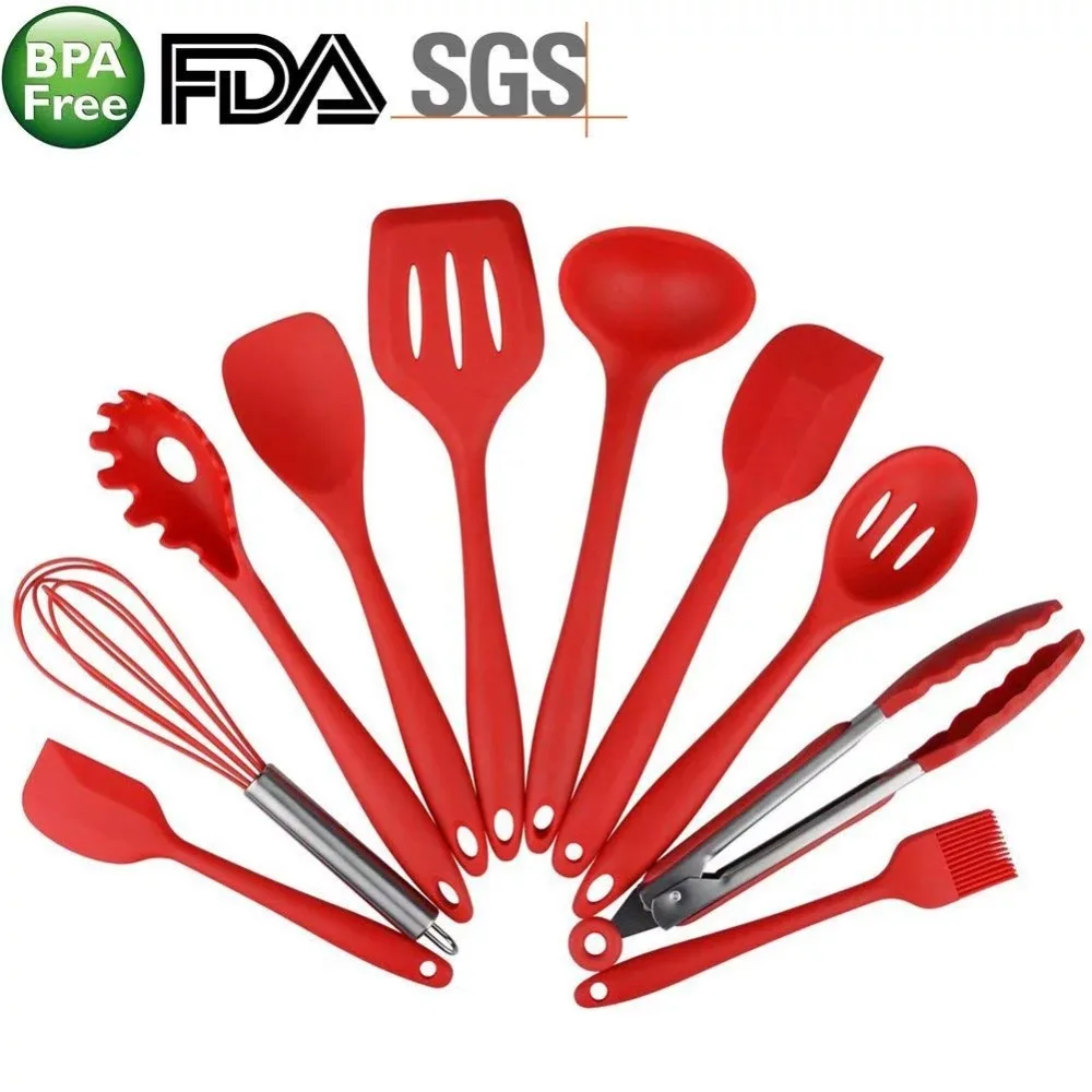 

10-Piece Silicone Cooking Set Red- Spoons, Turners, Spatula & 1 Ladle Etc - Heat Resistant Kitchen Utensils - Easy to Clean