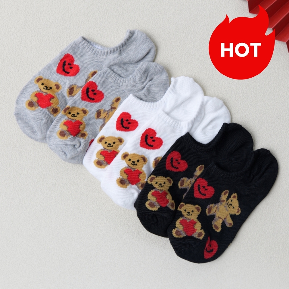  Spring Summer Cute Bear Heart No Show Socks Women Invisible Low Cut Ankle Socks Breathable Casual Cartoon Socks for Ladies 