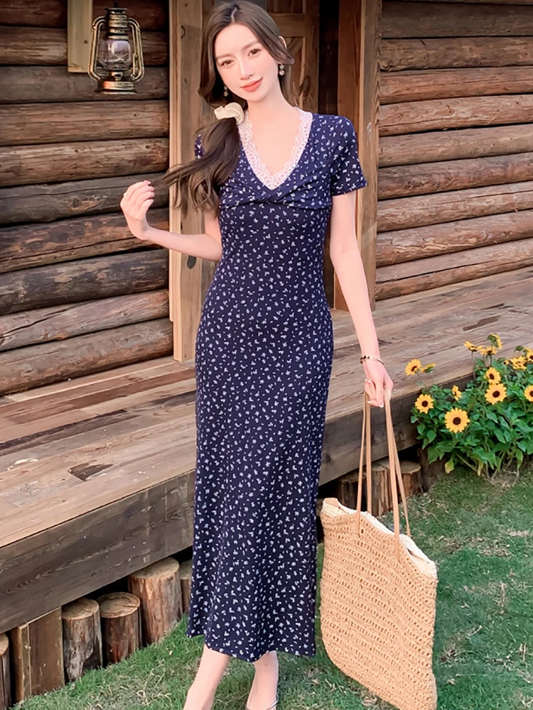 Robe longue en dentelle plissée, motif Floral, Chic, col en v, élégante, décontractée, vacances, été, coréenne, moulante, Festival, 2025