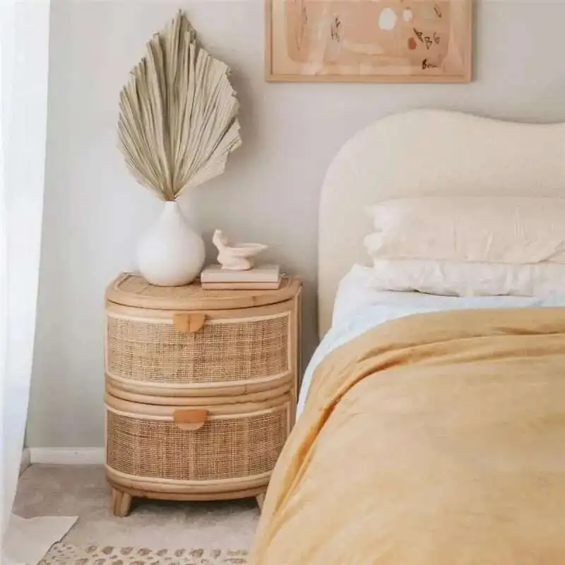 

Japanese-style Rattan Bedside Table Retro Nightstand Wood Bedside Table Locker Bedroom Side Cabinet Bedside Storage Cabinet