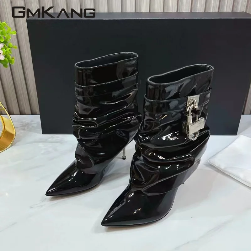 Luxury quality patent leather short boots for women kitten high heels with lock decoration bucket boots for women pointed high h