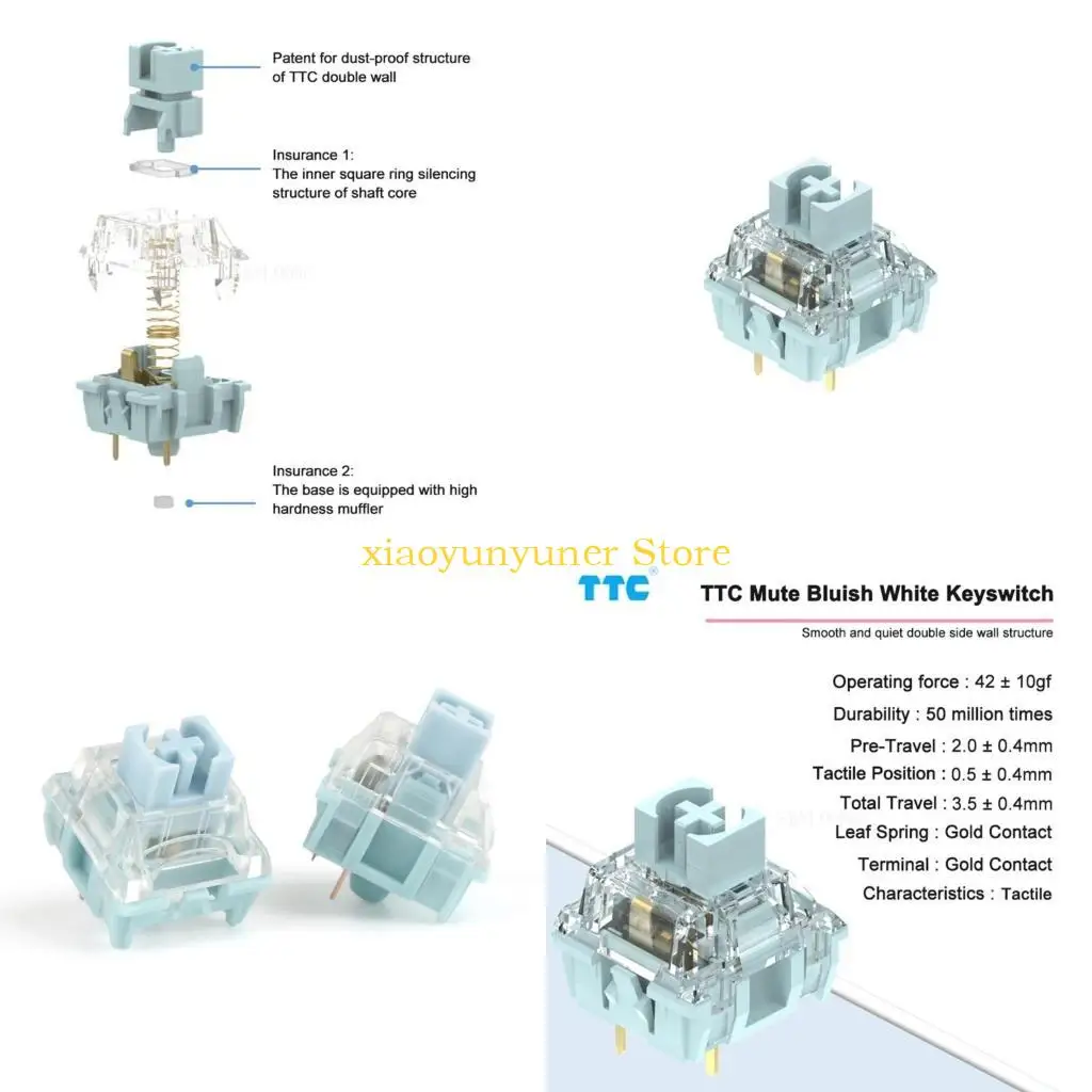 P9JB TTC Silent Bluish White Switch 3 Pin Silent For Mechanical Keyboard Mute 42g Dual Gold Plated Spring