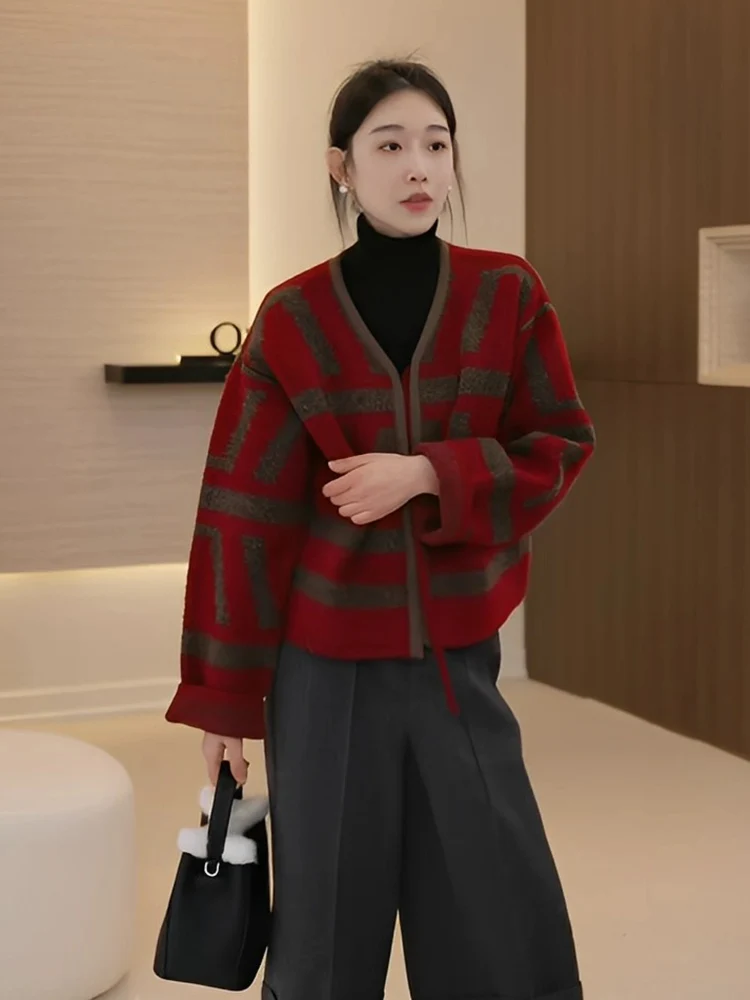 

OUDOEE Vintage Lazy Sle ort Open Cardigan Women's New Winter Gentle Wind V-ne Sweater Color Blo Top Warmth Knitted