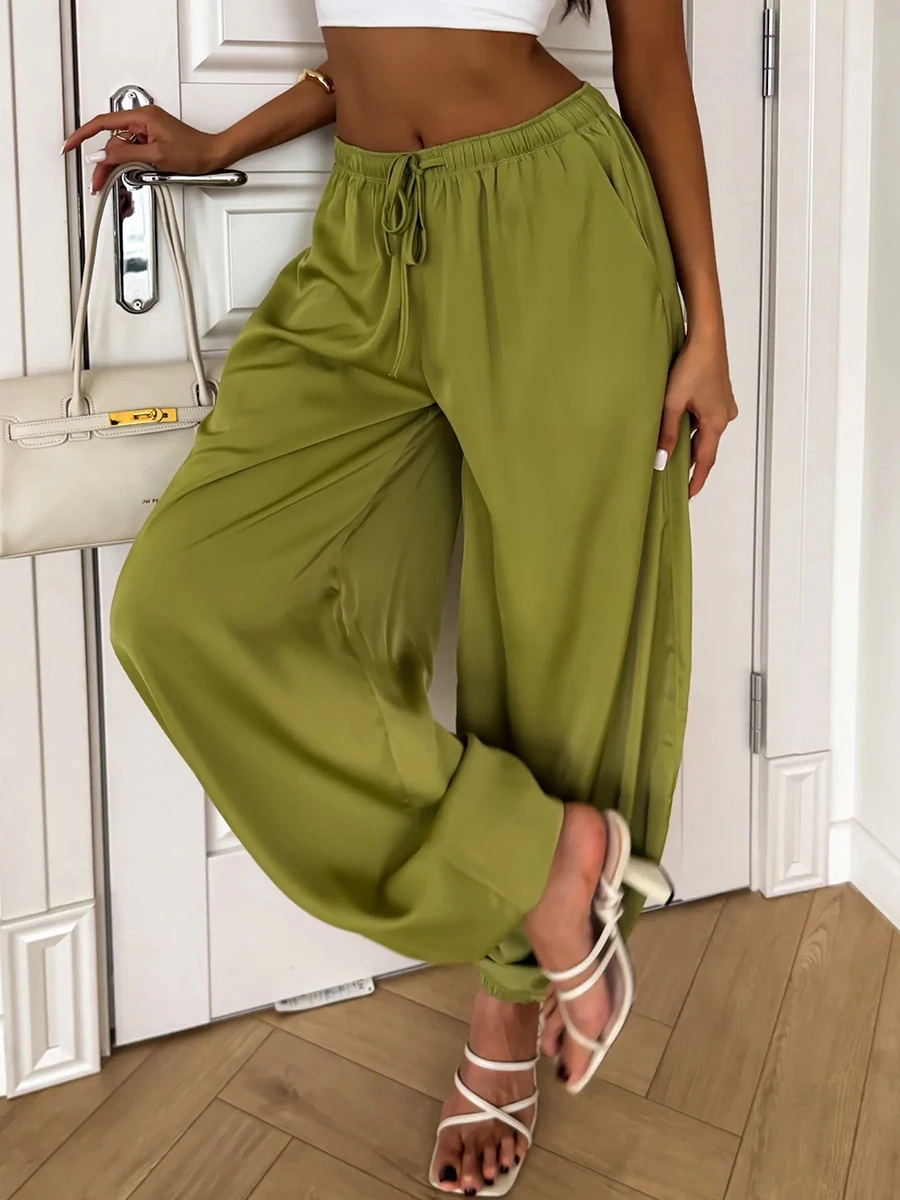 2026 Summer Women Harem Pants High Waist Drawstring Loose Wide Leg Trousers Green Casual Beach Vacation Outfit