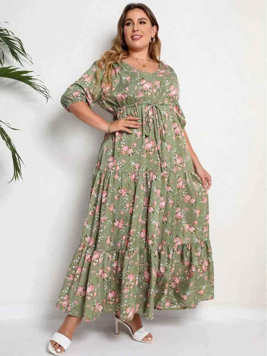 Plus Size Blumendruck, halbe Ärmel, geteilter Saum, Maxi-V-Ausschnitt, lange Kleider für Damen