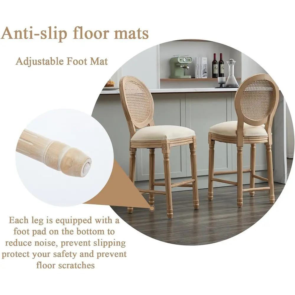 26 Country Style Counter Height Bar Stools Set of 2, Rattan Back | Solid Wood Upholstered Vintage Round Back for Kitchen Islands view 6