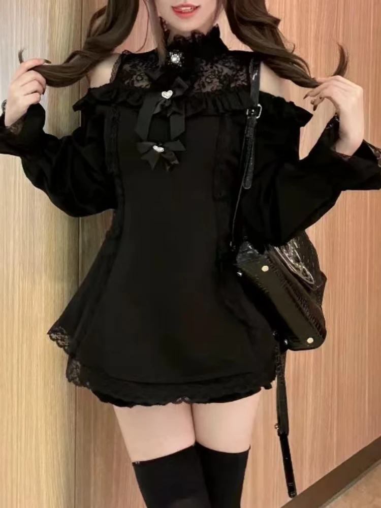 Harajuku Halloween Cos Dark Academia 2 Piece Set Autumn Winter Women New Fashion Black Retro Suit Chic Lace Dress + Short Pants