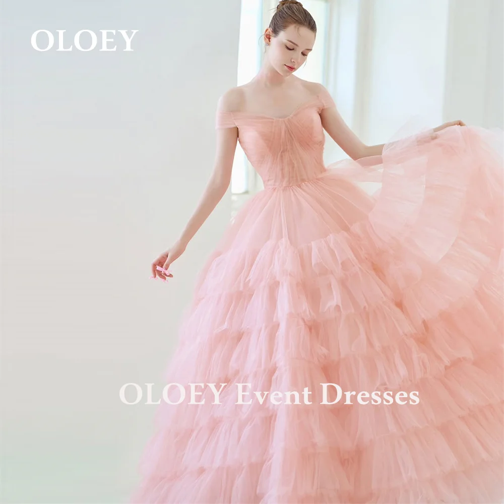 

OLOEY Luxury Pink Prom Dress Korea Photo Shoot Off Shoulder Layered Tulle Wedding Party Gown Sweetheart Neck Corset Customized