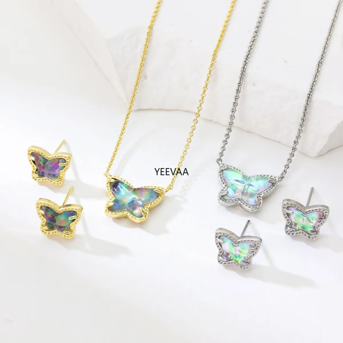 

YEEVAA Iridescent Butterfly Jewelry Set, Gold/Silver Tone Necklace & Stud Earrings with Holographic Crystal