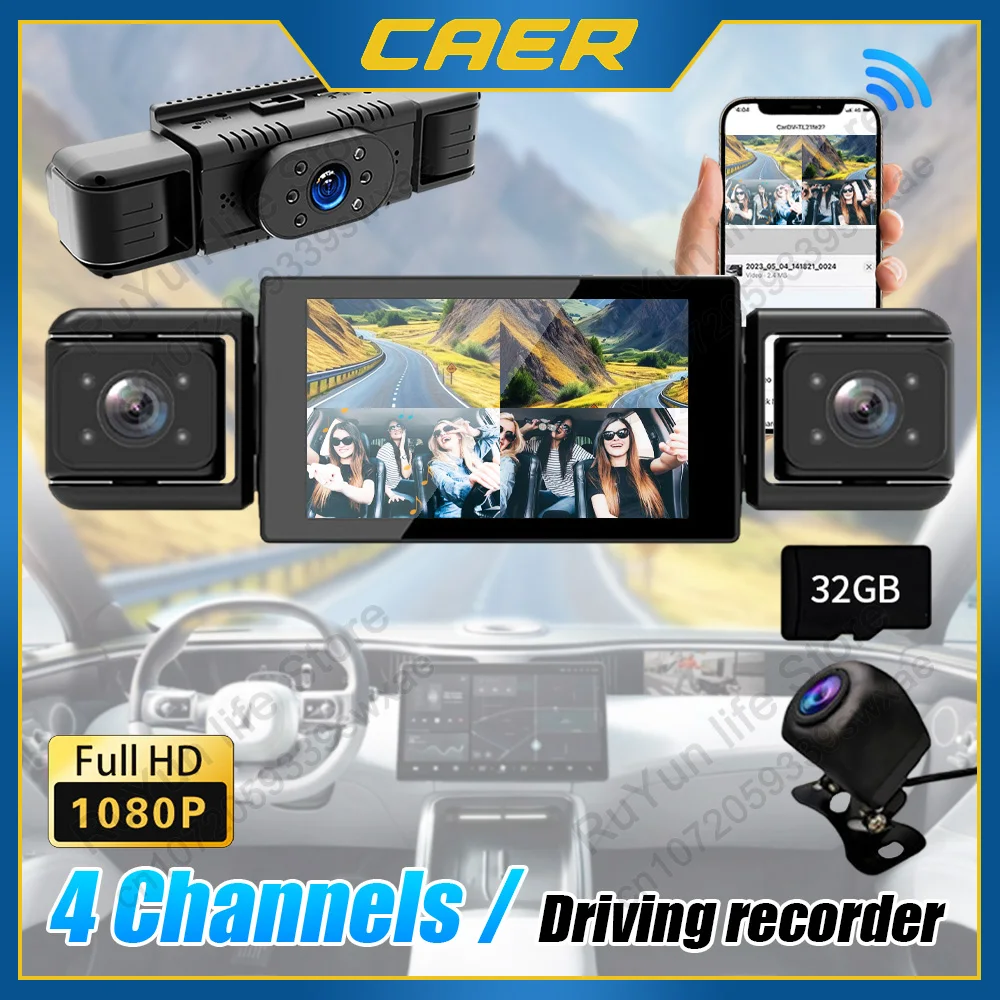 

1080P Dash Cam 4 Camera DVR Recorder Front Inside Rearview Cam Vehicle Coverage Built-in WIFI G-Sensor Loop Recording Black Box