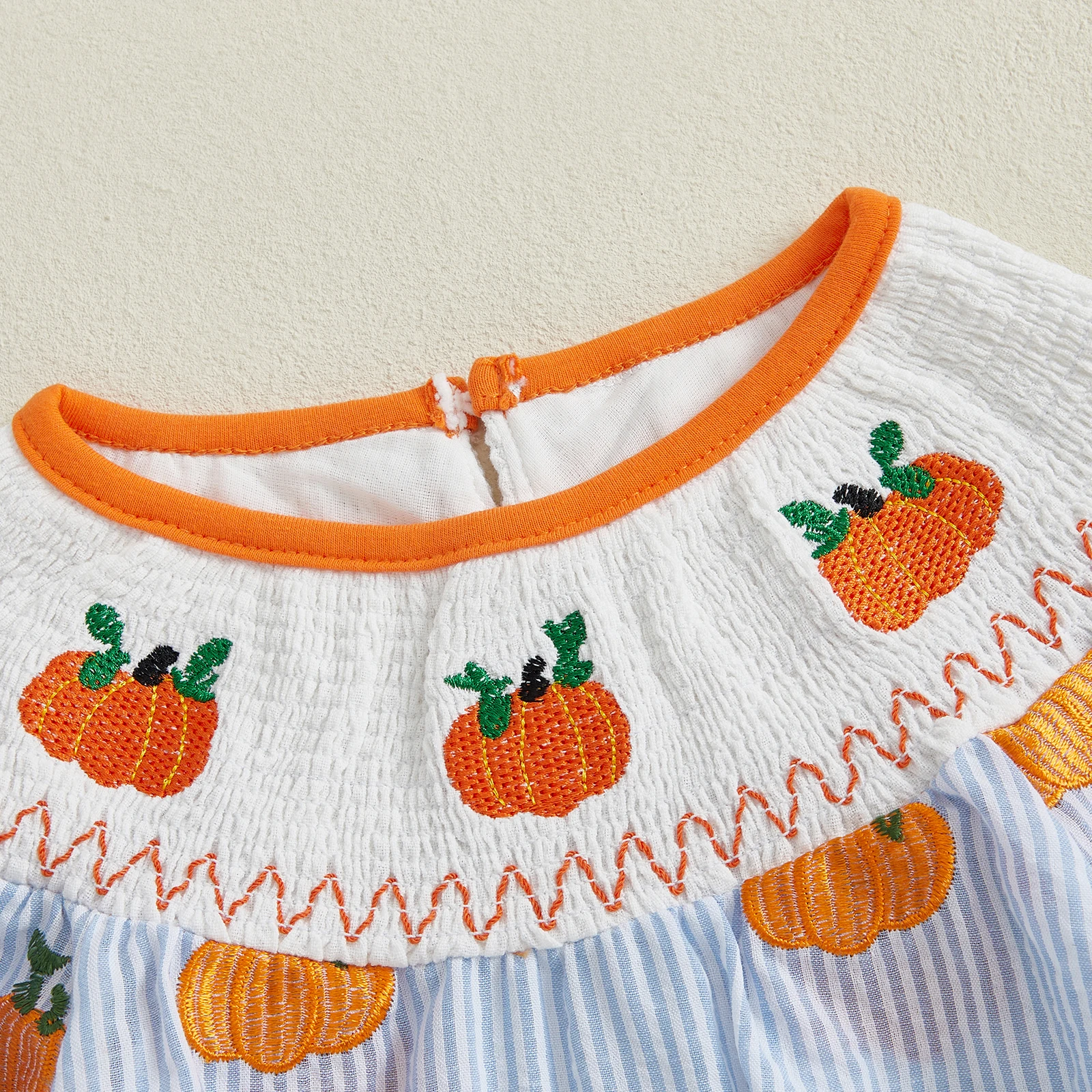

0-24 Months Baby Halloween Romper Pumpkin Embroidery Striped Crew Neck Long Sleeve Jumpsuit for Fall