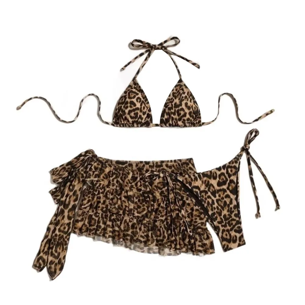 Fashion Leopard Print Women Swimsuit Padded 3-Piece Set Beach Bikini Push Up Sexy Swimsuit Summer Resorts