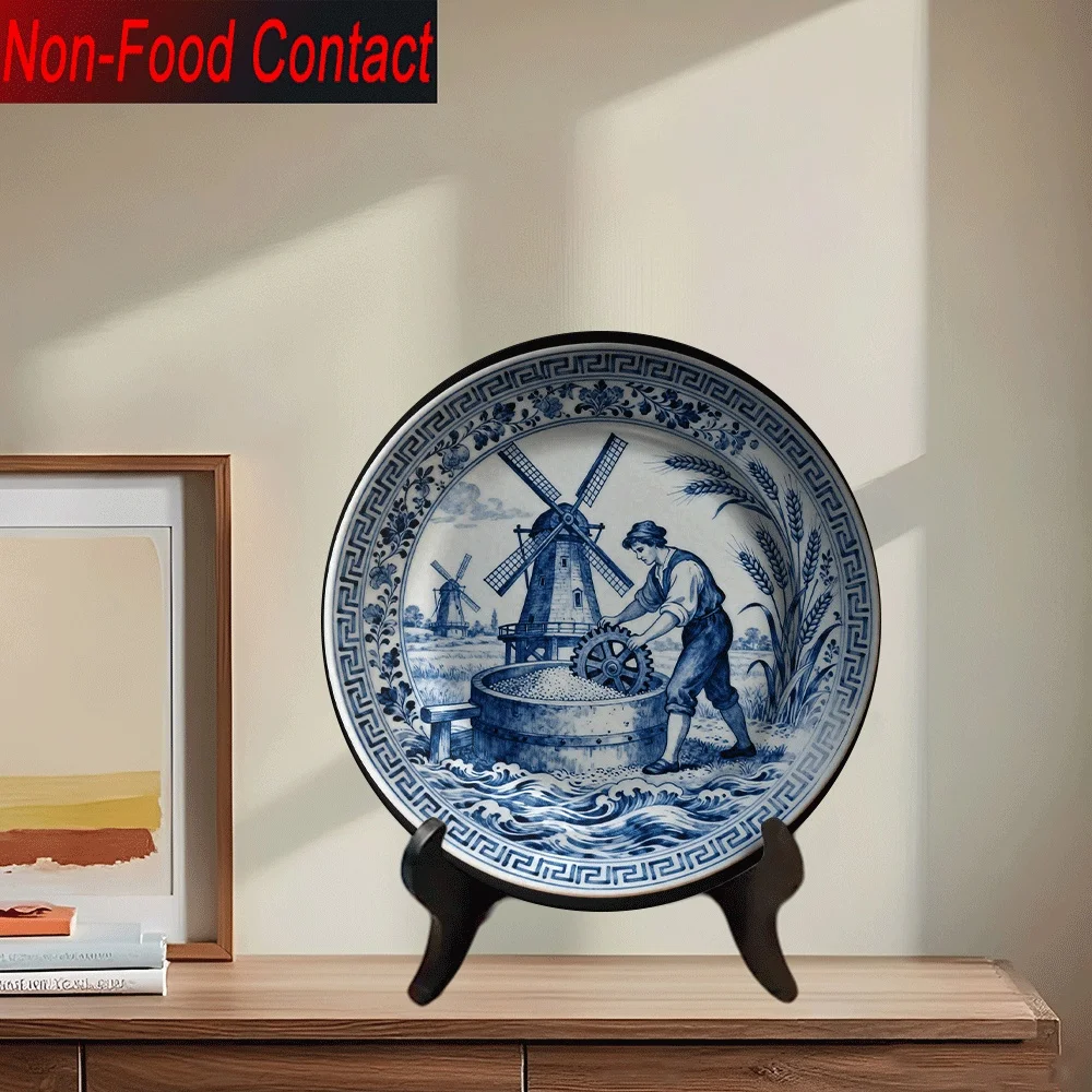 1pc Vintage Blue Ceramic Decorative Plate - Round Non-Food Contact Suitable for Home Decor, Windmill & Scenes, Blue Daze/ Edges