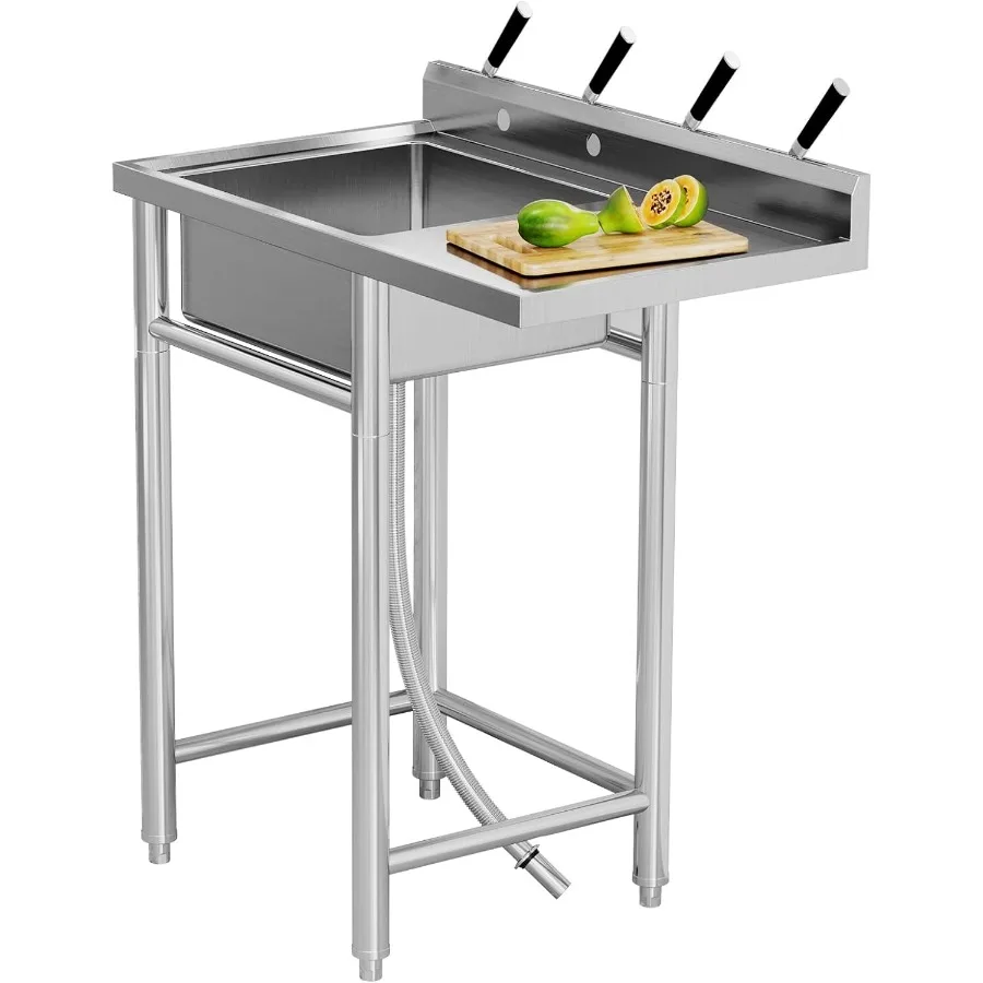 

Free-standing stainless steel single bowl sink with integrated workbench ideal for kitchen bar and garage applications featurin