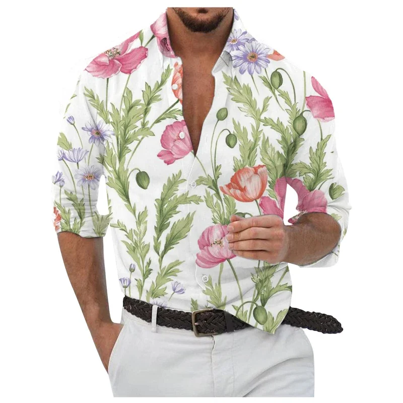 3D Printed Flowers And Green Grass Casual Men'S Button Up Long Sleeve Shirt Party Evening Daily Shirt Collar Men'S Clothing