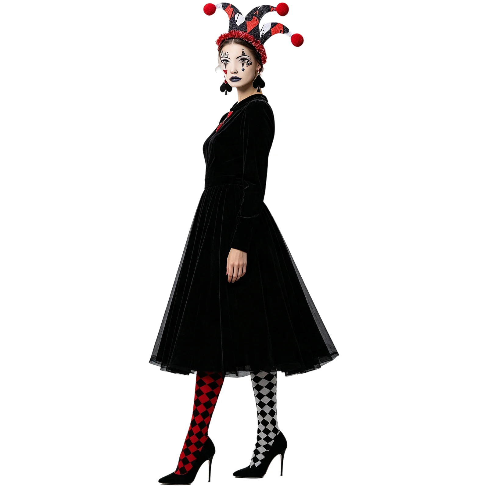 Women Clown Costume Props Accessories Set Color-blocked Stockings Hair Hoop Earrings And Tattoo Sticker for Halloween Cosplay 3