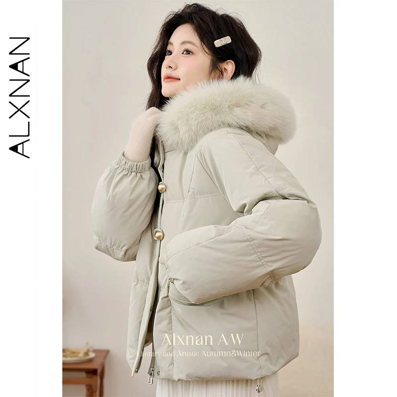 Alxnan jaqueta verde 2025 inverno feminino engrossado com capuz quente curto para baixo jaquetas 90 pato branco gola de pele real casacos l51105