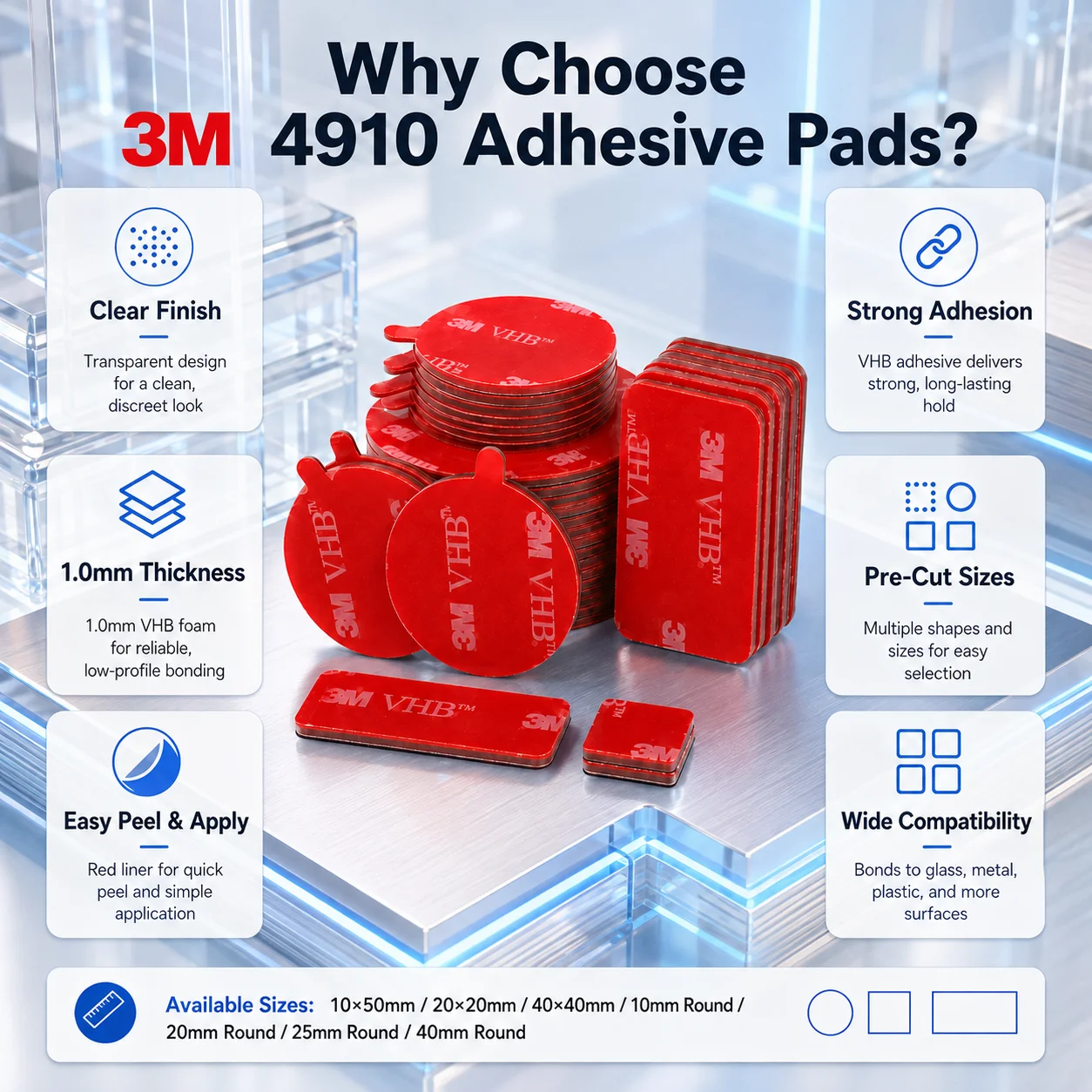 3M 4910 VHB Adhesive Pads Pre-Cut Clear Double Sided Acrylic Foam Strong Bond for Car Trim Glass Metal Acrylic Round Square 1.0m