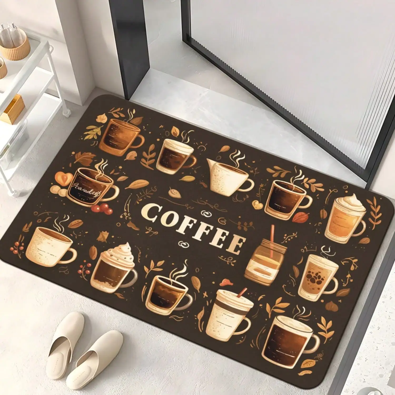 Coffee Cups HD Printed Door Mat - Non-Slip, Machine Washable Polyester Rug For Kitchen, Living Room, Bathroom - Absorbent Microfiber Floor Mat For Home Decor