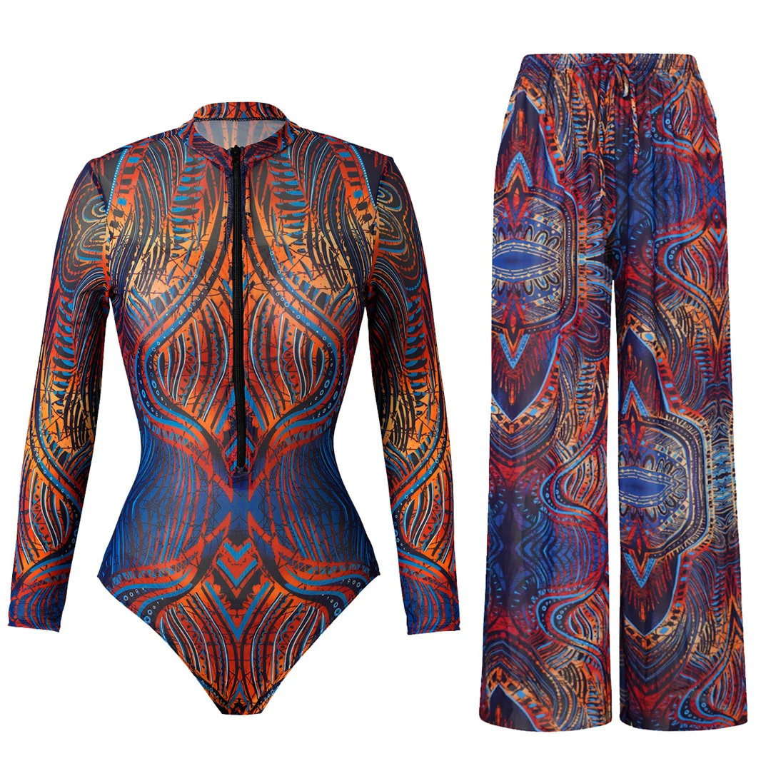 XS - XXL Bedruckter Langarm-Badeanzug mit Hose, Damen-Badeanzug, einteiliger Badeanzug, Damen-Badeanzug mit Reißverschluss und Polsterung, Badebekleidung, Badeanzug V7094 – Detail 11