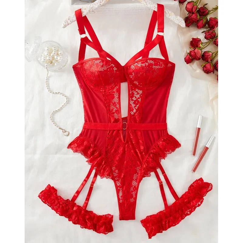 SN55Erotic مجموعة الملابس الداخلية بودسوت/ بدلة الجسم المصنوعة من الدانتيل النساء شفافة مثير الملابس الداخلية انظر من خلال الجوارب السوداء اللياقة البدنية سيسي Crotchless Ero @ 54WE