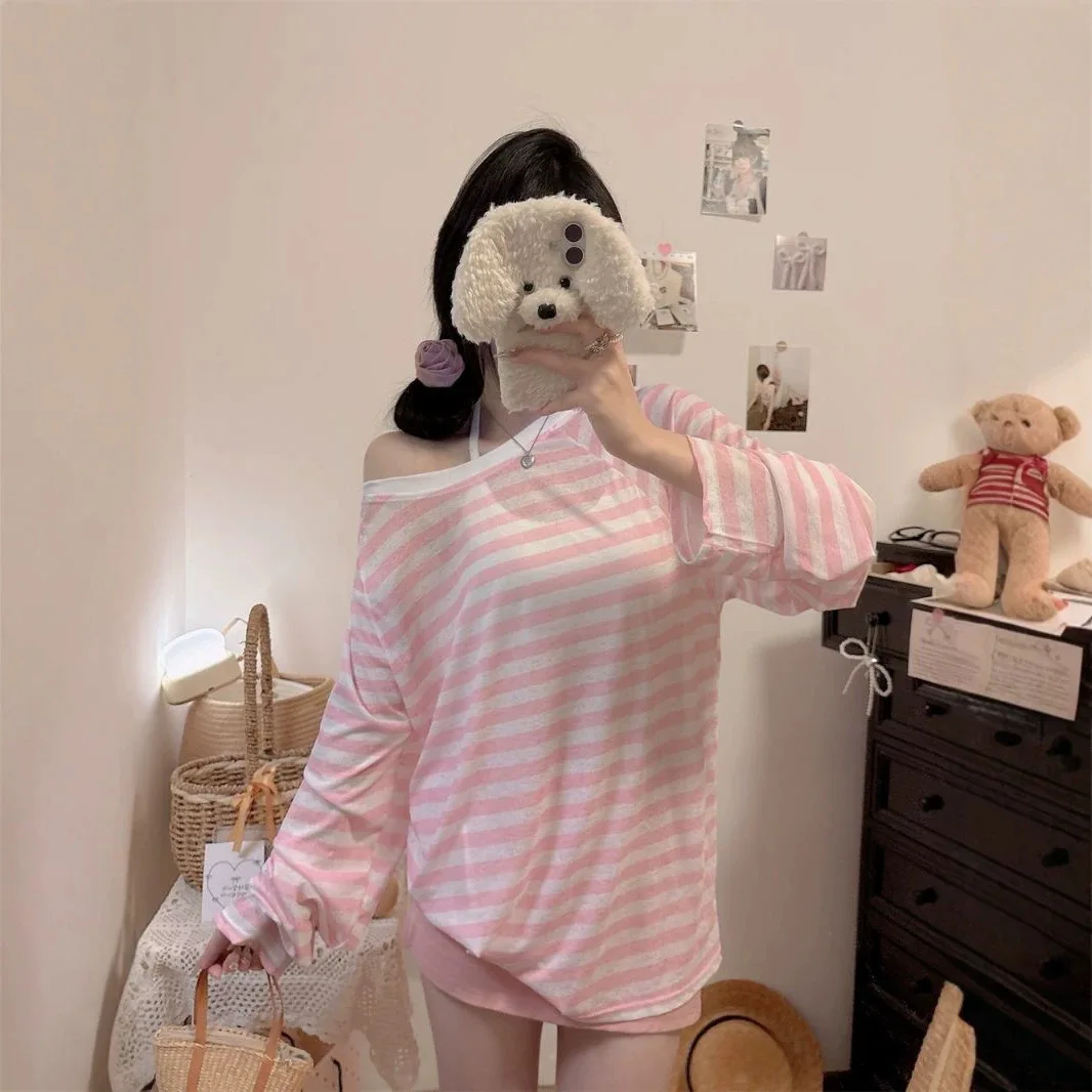 Korean Style Ice Silk Air Conditioner Shirt Women's Summer Thin Long Sleeve Outerwear T-Shirt Yellow Stripe Casual Creative