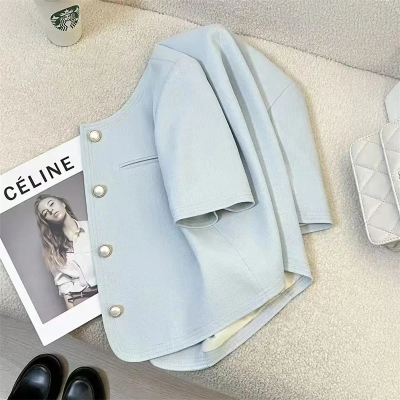 

Fashion Women's Coat 2026 Summer New Blue Thin Outerwear Versatile Temperament Small Fragrance Style Short Sleeved Jacket Top