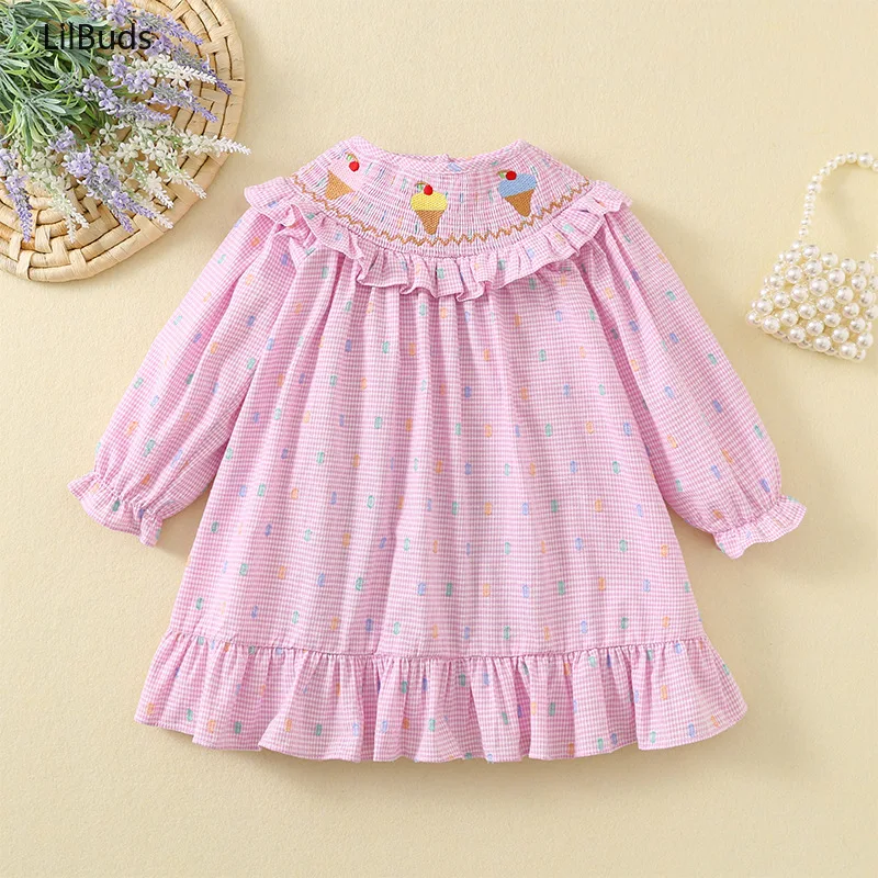 2024 Girls Princess Dress Kids Long Sleeve Colored Pink Plaid Cute Ice Cream Clothes Children Outfit Matching Spring and Autumn