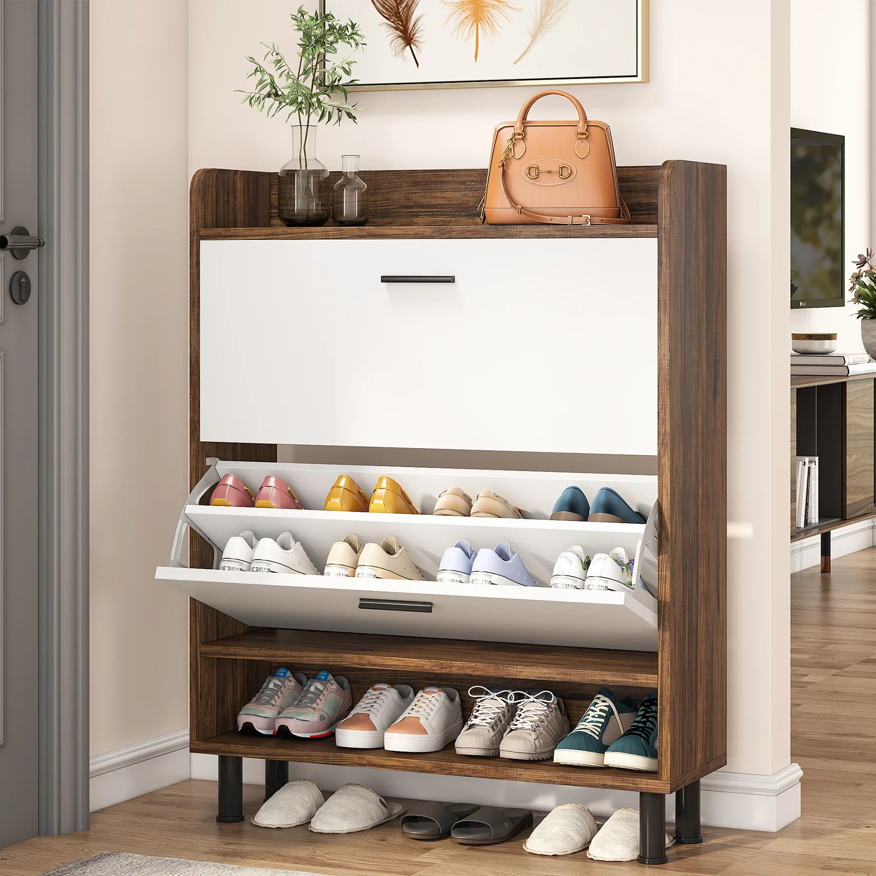 

Shoe Cabinet, 2-Tier Shoe Storage Cabinet with Flip Doors, Vintage Entryway Organizer Rack with Open Shelves for Narrow Closet