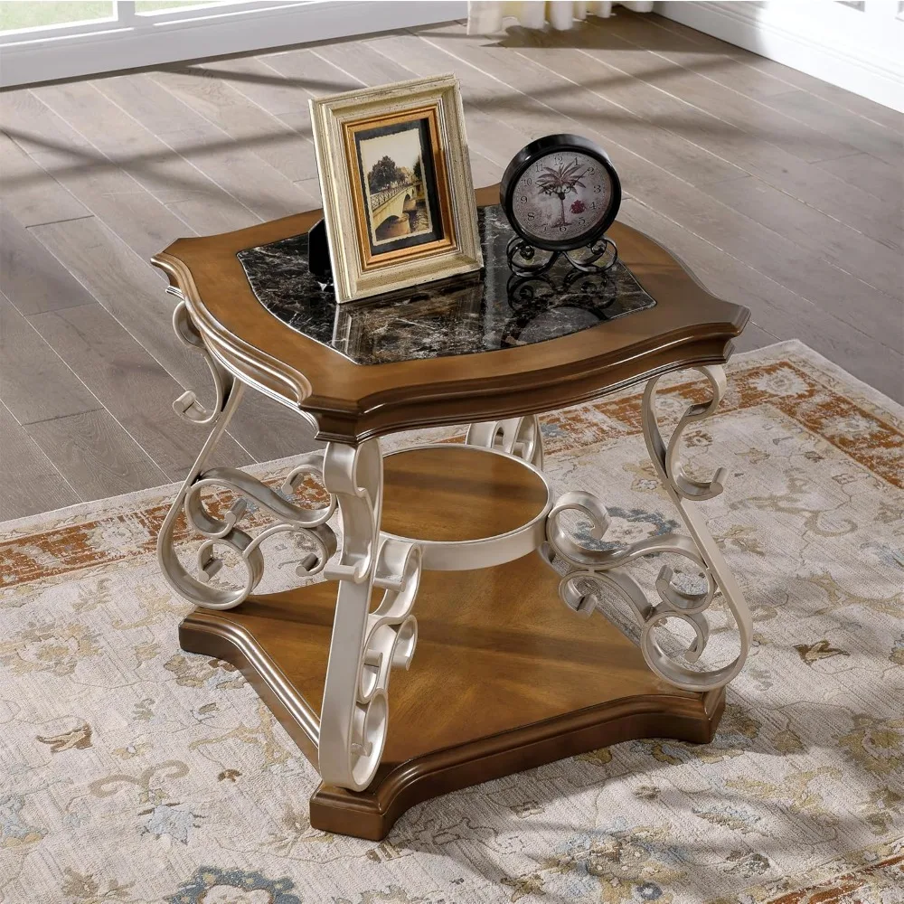 Large 26.2 Two-Tier Square Marble Top Coffee Table with Birch Shelf and Metal Legs for Bedroom Storage.