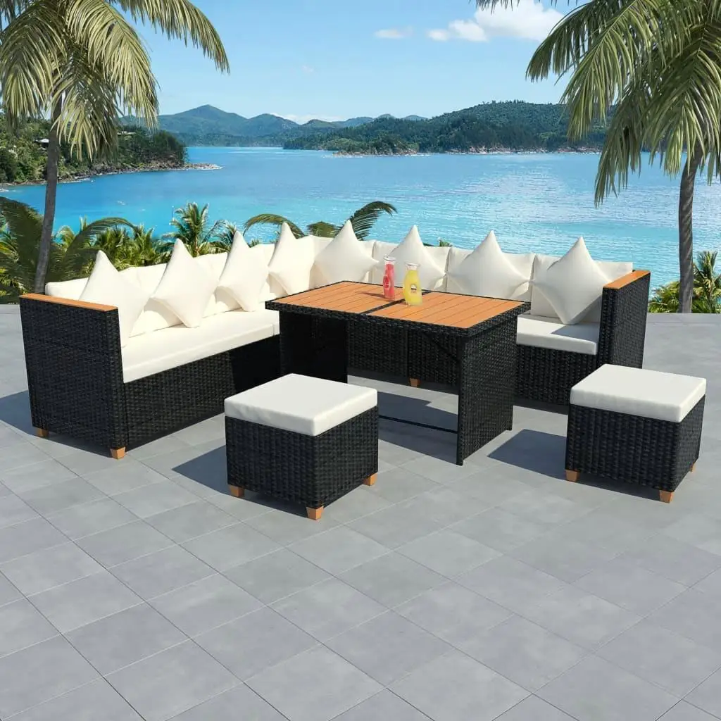 7-Piece Black Poly Rattan Patio Lounge Set with Cushions - Outdoor Furniture for Garden & Terrace